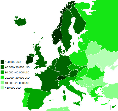 ВВП за паритетом купівельної спроможності (ПКС) держав Європи.